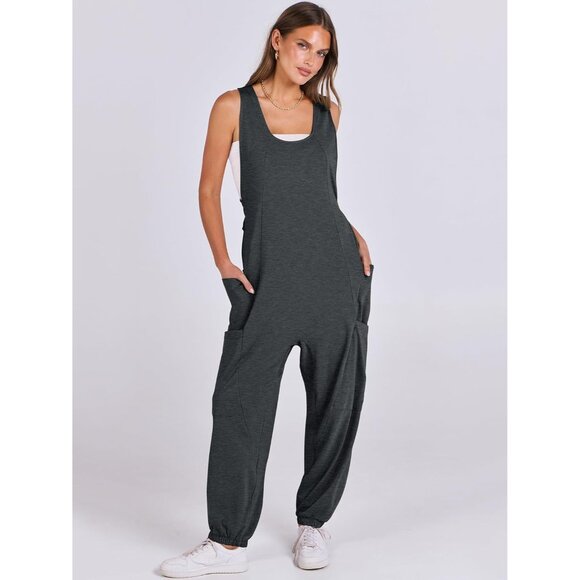 Women Dark Grey Overall Jumpsuit Loose Casual Dressy Sleeveless Baggy Romper - Picture 2 of 6
